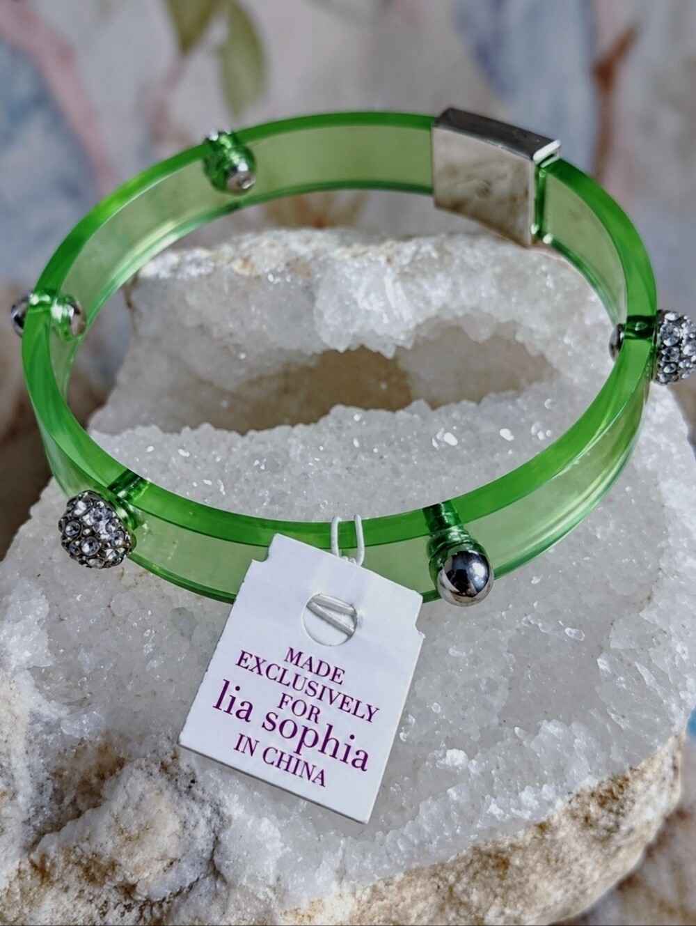 Lia Sophia Transparent Green Lucite Silver Tone Rhinestone Cuff Bangle Bracelet